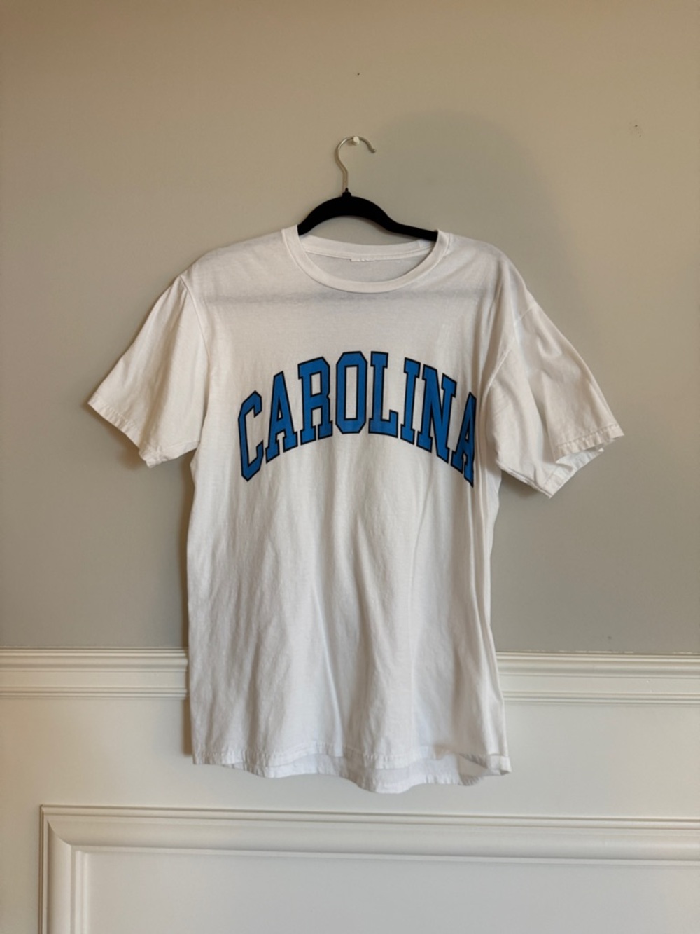 Amazon White Short Sleeve Tee with Blue CAROLINA Arch Logo